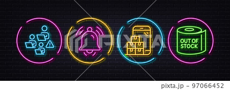 Notification bell, Teamwork and Mobile inventory minimal line icons. Neon laser 3d lights. Toilet paper icons. For web, application, printing. Notice bell, Remote work, Warehouse app. Vector 97066452