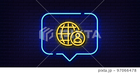 Neon light speech bubble. International business recruitment line icon. Global human resources sign. Neon light background. International recruitment glow line. Brick wall banner. Vector 97066478