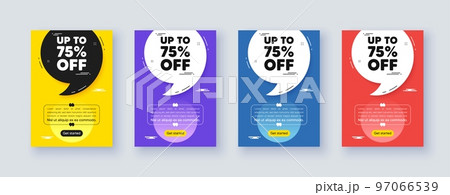 Poster frame with quote, comma. Up to 75 percent off sale. Discount offer price sign. Special offer symbol. Save 75 percentages. Quotation offer bubble. Discount tag message. Vector 97066539