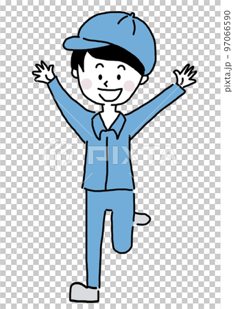 A man in work clothes who is delighted with his arms raised. A man in work clothes who is delighted with his arms raised. 97066590