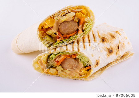 spicy sausages in pita bread isolated on white spicy sausages in pita bread isolated on white 97066609