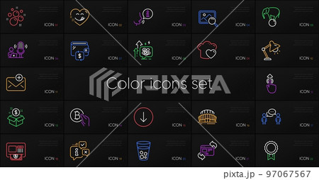 Set of Sports stadium, Atm and Refresh website line icons. Include Post package, Love cooking, Stress grows icons. Clean bubbles, Ice tea, Reward web elements. Info, Yummy smile, Wallet. Vector 97067567