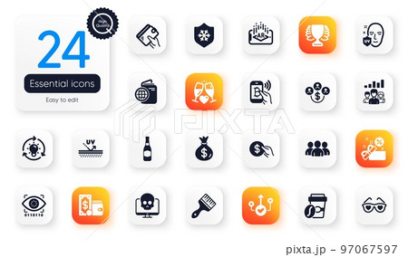 Set of Business flat icons. Wallet money, Group and Travel passport elements for web application. Cyber attack, Bitcoin pay, Idea icons. Takeaway coffee, Uv protection, Uv protection elements. Vector 97067597