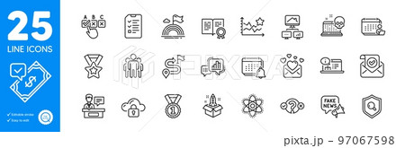 Outline icons set. Accounting, Confirmed mail and Online documentation icons. Cloud protection, Correct checkbox, Accepted payment web elements. Journey, Ranking stars, Startup signs. Vector 97067598