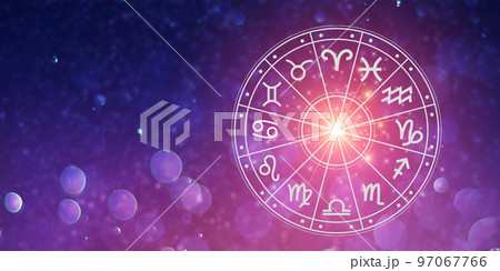 Zodiac signs inside of horoscope circle. Astrology in the sky with many stars and moons  astrology and horoscopes concept 97067766