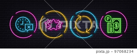 Star, Time and Refresh minimal line icons. Neon laser 3d lights. Parking payment icons. For web, application, printing. Favorite, Remove alarm, Rotation. Paid garage. Neon lights buttons. Vector Star, Time and Refresh minimal line icons. Neon laser 3d lights. Parking payment icons. For web, application, printing. Favorite, Remove alarm, Rotation. Paid garage. Neon lights buttons. Vector 97068234