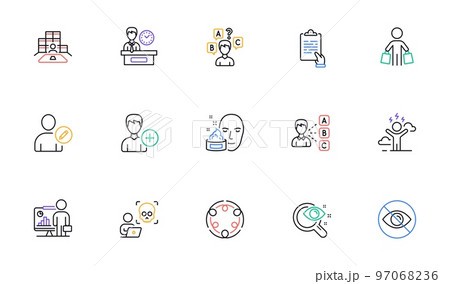 Cyber attack, Presentation time and Edit user line icons for website, printing. Collection of Buyer, Vision test, Teacher icons. Quiz test, Face cream, Inventory web elements. Inclusion. Vector 97068236