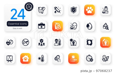 Set of Healthcare flat icons. Electronic thermometer, Vaccine protection and Capsule pill elements for web application. Vision board, Leaves, First aid icons. Shield, Quarantine. Vector 97068237