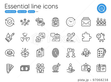 Approved, Clipboard and Difficult stress line icons. Collection of Teamwork, Brush, Justice scales icons. Payment, Equality, Creative idea web elements. Internet documents, Recruitment. Vector Approved, Clipboard and Difficult stress line icons. Collection of Teamwork, Brush, Justice scales icons. Payment, Equality, Creative idea web elements. Internet documents, Recruitment. Vector 97068238