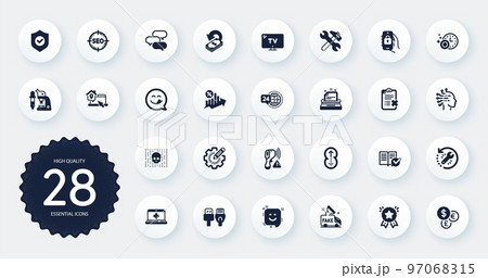 Set of Technology icons, such as Talk bubble, 24h service and Settings gear flat icons. Typewriter, Electronic thermometer, Loan percent web elements. Computer cables, Locked app. Vector Set of Technology icons, such as Talk bubble, 24h service and Settings gear flat icons. Typewriter, Electronic thermometer, Loan percent web elements. Computer cables, Locked app. Vector 97068315
