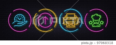 Print image, Safe time and Swipe up minimal line icons. Neon laser 3d lights. Best chef icons. For web, application, printing. Printer, Management, Scroll screen. Ranking stars. Vector 97068318