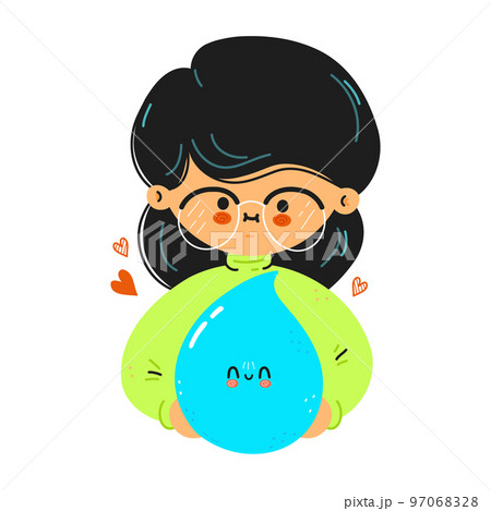 Young cute funny woman hold water drop in hand. Girl hugs cute water drop. Vector hand drawn doodle style cartoon character illustration icon design. Isolated on white background 97068328