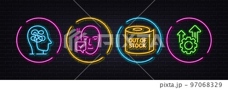 Face accepted, Toilet paper and Stress minimal line icons. Neon laser 3d lights. Seo gear icons. For web, application, printing. Access granted, Tissue roll, Mind anxiety. Cogwheel. Vector 97068329
