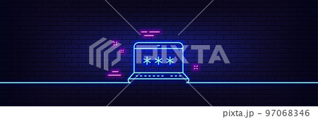 Neon light glow effect. Laptop password line icon. Cyber defence sign. Computer protection symbol. 3d line neon glow icon. Brick wall banner. Laptop password outline. Vector 97068346