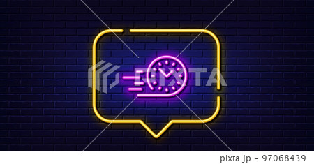 Neon light speech bubble. Fast delivery line icon. Time sign. Neon light background. Fast delivery glow line. Brick wall banner. Vector Neon light speech bubble. Fast delivery line icon. Time sign. Neon light background. Fast delivery glow line. Brick wall banner. Vector 97068439