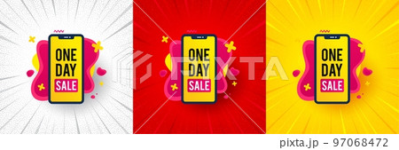 One day sale banner. Flash offer banner, coupon or poster. Discount sticker shape. Special offer phone icon. One day promo banner. Retail marketing flyer. Starburst pop art. Vector One day sale banner. Flash offer banner, coupon or poster. Discount sticker shape. Special offer phone icon. One day promo banner. Retail marketing flyer. Starburst pop art. Vector 97068472