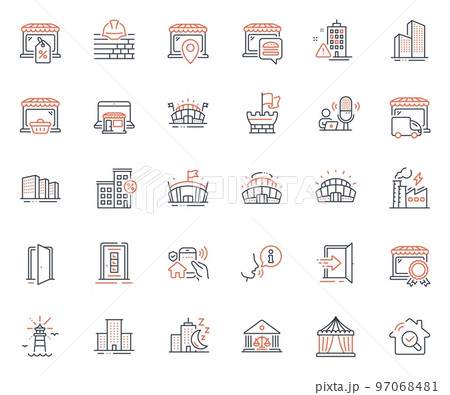Buildings icons set. Included icon as Lighthouse, Food market and Open door web elements. Buildings, House security, Door icons. Night city, Online market, Build web signs. Vector 97068481
