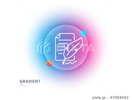 Feather signature line icon. Gradient blur button with glassmorphism. Copywriting sign. Feedback symbol. Transparent glass design. Feather signature line icon. Vector 97068492