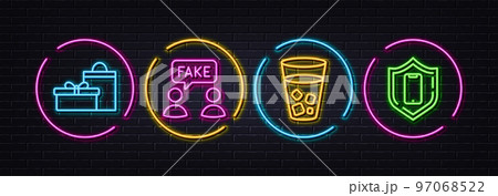 Fake information, Ice tea and Gifts minimal line icons. Neon laser 3d lights. Smartphone protection icons. For web, application, printing. Wrong talk, Soda beverage, Birthday boxes. Phone. Vector 97068522