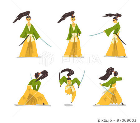 Samurai in Traditional Kimono Fighting with Katana Sword Vector Set 97069003