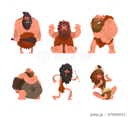 Primitive Caveman and Troglodyte with Beard and Hairy Body with Bone and Bludgeon Vector Set Primitive Caveman and Troglodyte with Beard and Hairy Body with Bone and Bludgeon Vector Set 97069051