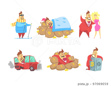 Fat Rich Millionaire Man in Red Suit Sleeping on Money Sacks, with Blond Woman, Embracing Safe Box, Driving Car and Skiing Vector Set 97069059