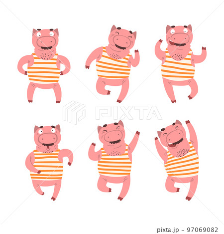 Funny Mustached Pig Wearing Striped Tank Top Stretching Doing Physical Exercise Vector Set Funny Mustached Pig Wearing Striped Tank Top Stretching Doing Physical Exercise Vector Set 97069082