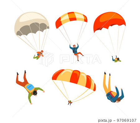 Man Character Skydiving Falling Down with Parachute Vector Set 97069107