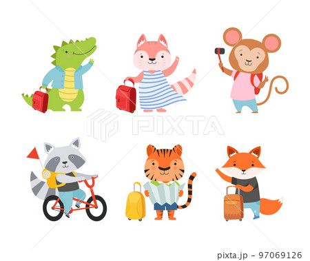Cute Animals Tourist or Travellers with Trunk, Camera and Backpack Hiking Vector Set Cute Animals Tourist or Travellers with Trunk, Camera and Backpack Hiking Vector Set 97069126