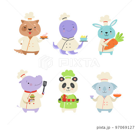 Cute Animals in Chef Uniform Cooking Delicious Dishes Vector Set 97069127