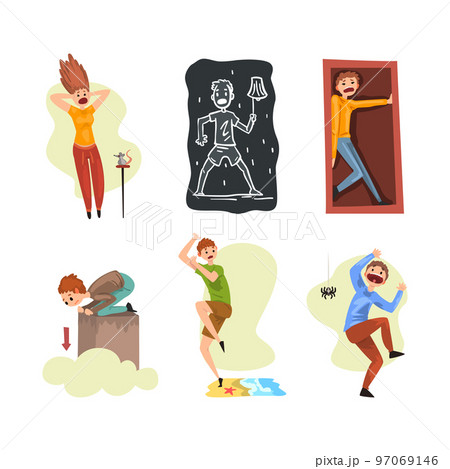 People with Different Phobias and Fears Afraid of Mouse, Spider, Darkness, Water and Height Vector Set 97069146