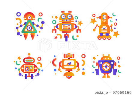 Modern Robot and Humanoid Bot with Face as Artificial Intelligence Flat Icon Vector Set Modern Robot and Humanoid Bot with Face as Artificial Intelligence Flat Icon Vector Set 97069166