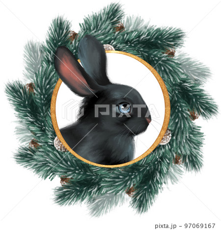 Black bunny. Cute winter illustration of rabbit and fir tree wreath. 97069167
