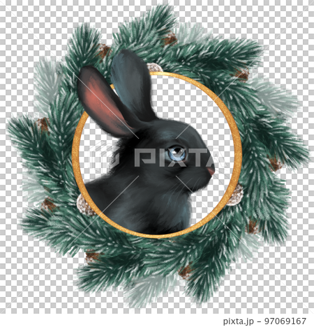 Black bunny. Cute winter illustration of rabbit and fir tree wreath. 97069167