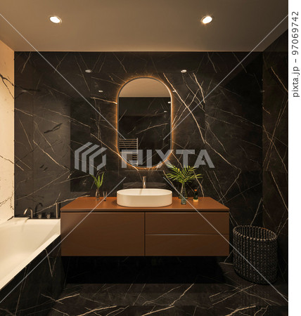 Stylish luxury black bathroom with black marble tile, bathtub and plant. 3d rendering with warm lighting. High quality illustration. 97069742