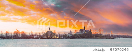 Helsinki, Finland. Panoramic View Of Sunrise Landscape Of Blekholmen Valkosaari Island And Luoto Island. Amazing Color Effect Of Clouds. Natural Bright Dramatic Sky Background. Soft Colors 97070246