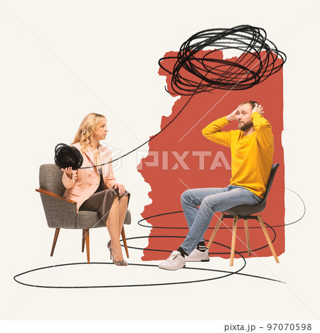 Contemporary art collage. Female psychologist helping man to organize tangled thoughts. Obsessive ideas, stress and depression 97070598