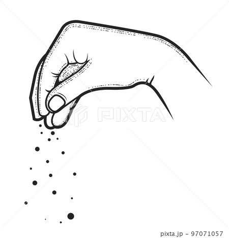 Hand of chief-cook powdering a dish with condiment, pinch of salt, spice or seasoning, pinched fingers, vector 97071057