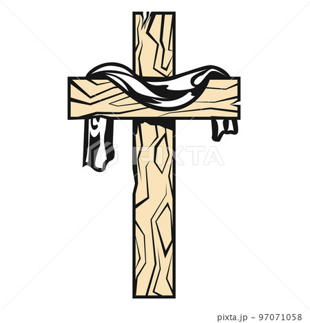 Cross with fabric on it, resurrection after crucifixion of Jesus, christianity symbol, vector Cross with fabric on it, resurrection after crucifixion of Jesus, christianity symbol, vector 97071058