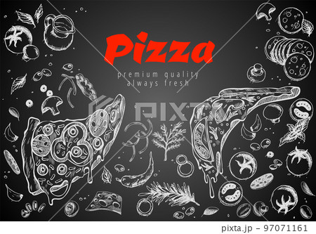 Hand drawn pizza line banner. Engraved style chalk doodle background. Savoury pizza ads. Tasty vector banner for cafe, restaurant or food delivery service 97071161
