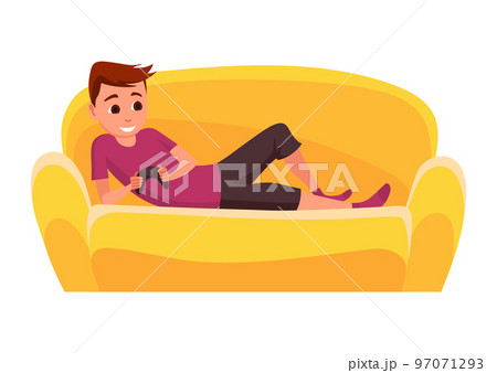 Video gaming kids. Boy playing games on joystick on game console. Kid video game addiction. Joyful teenager. Vector illustration of flat design Video gaming kids. Boy playing games on joystick on game console. Kid video game addiction. Joyful teenager. Vector illustration of flat design 97071293