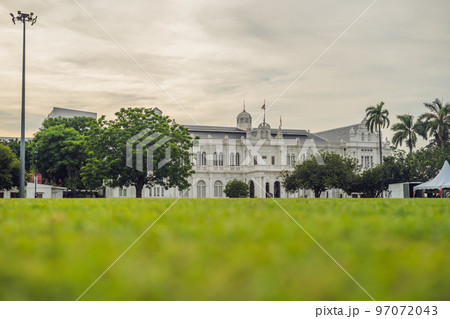 Young woman feeding an African Sacred ibis 97072043