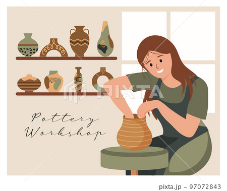 A woman with a potter's wheel and a set of vintage pottery with ornaments. Flat illustration, clip art, vector A woman with a potter's wheel and a set of vintage pottery with ornaments. Flat illustration, clip art, vector 97072843