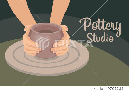 Hands and clay pot on a potter's wheel, pottery studio. Hobby concept. Illustration, clip art, vector 97072844