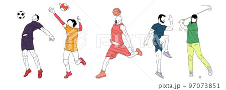 Set of vector illustrations. People, sportsmen training over white background. Basketball, football, soccer, volleyball and golf athletes Set of vector illustrations. People, sportsmen training over white background. Basketball, football, soccer, volleyball and golf athletes 97073851