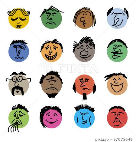 Colored doodle heads. Round comic faces with various emotions. Crayon drawing style. Different colorful characters. Cartoon style people. 97075649