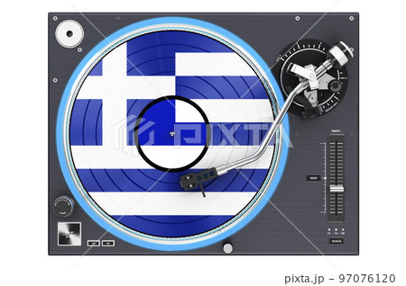 Phonograph Turntable with Greek flag, 3D rendering Phonograph Turntable with Greek flag, 3D rendering 97076120