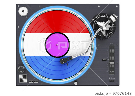 Phonograph Turntable with Luxembourgish flag, 3D rendering Phonograph Turntable with Luxembourgish flag, 3D rendering 97076148