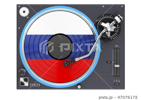 Phonograph Turntable with Russian flag, 3D rendering 97076178