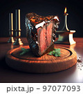 Succulent steak serving on round wooden plate and candles 97077093
